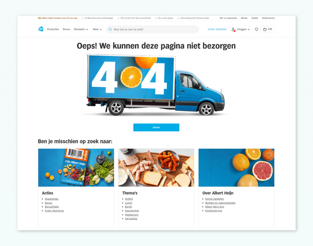 De 404-pagina op de website van Albert Heijn.